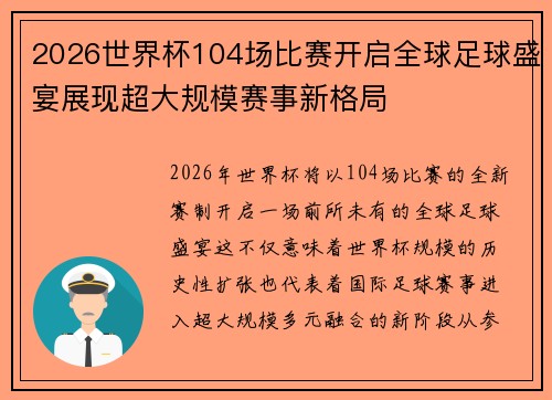 2026世界杯104场比赛开启全球足球盛宴展现超大规模赛事新格局 2026世界杯104场比赛开启全球足球盛宴展现超大规模赛事新格局